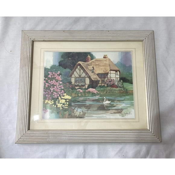 Other - Framed Watercolor Print Cottage House By RAY BURDZINSKI Swan Flowers Lake